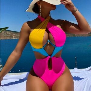 Vibrant Pink and Yellow Cutout Swimsuit